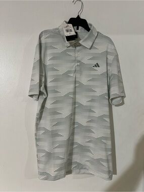 adidas White and Light Gray Striped Polo Shirt Sz S